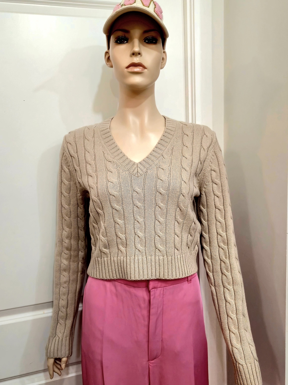 Sunday Best Beige Cable-Knit V-Neck Metino Wool Blend Sweater US M